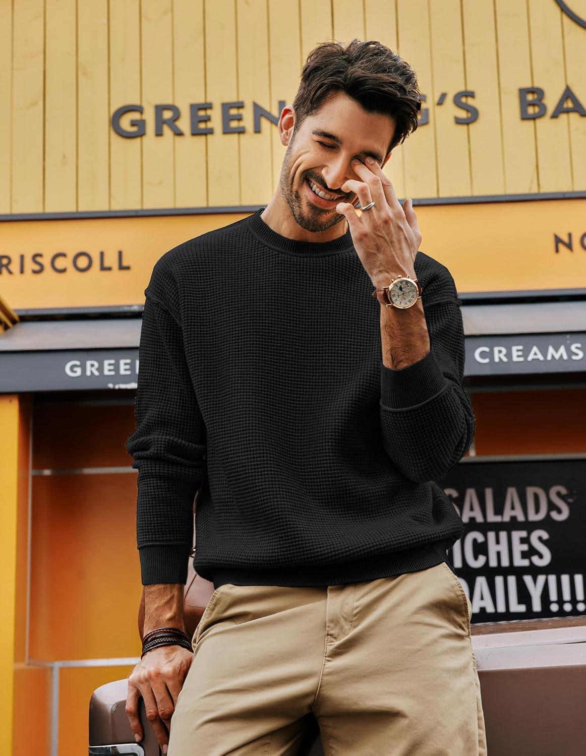 imagePJ PAUL JONES Mens Sweater Crewneck Knit Sweaters Casual Waffle Pullover Sweater for MenBlack