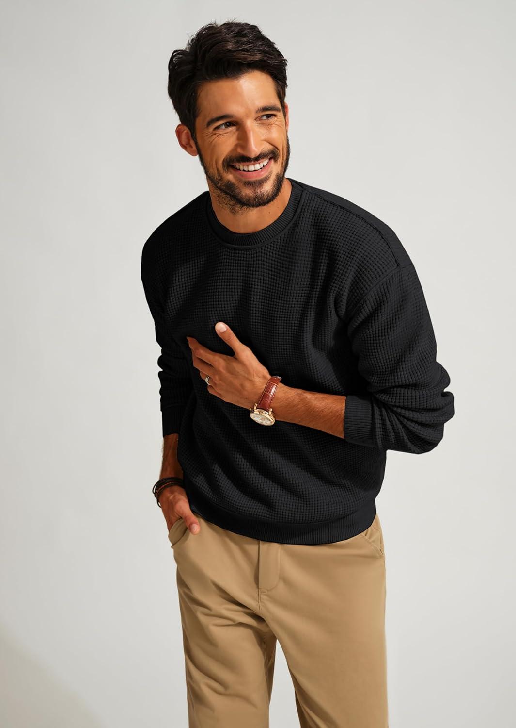 imagePJ PAUL JONES Mens Sweater Crewneck Knit Sweaters Casual Waffle Pullover Sweater for MenBlack