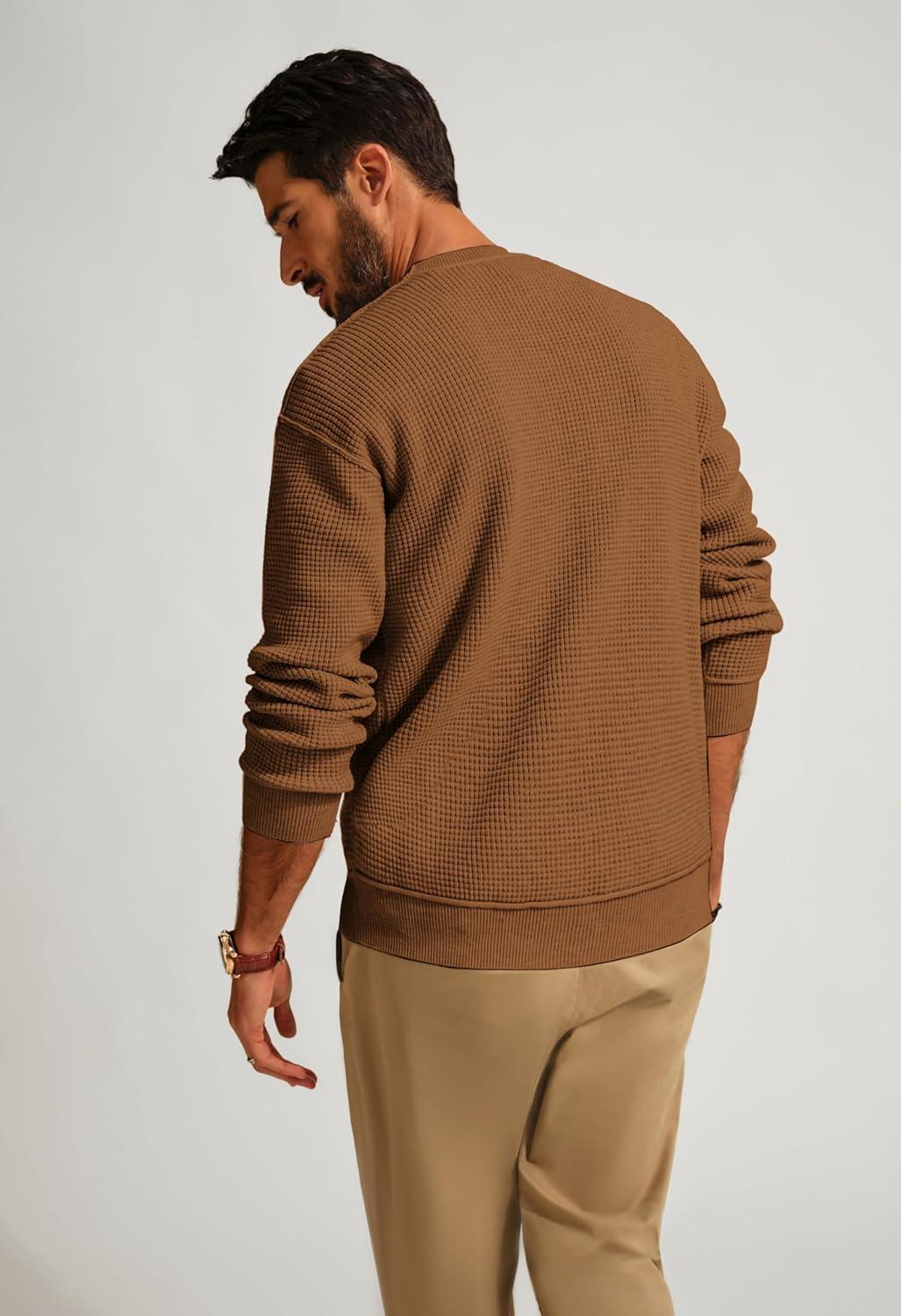 imagePJ PAUL JONES Mens Sweater Crewneck Knit Sweaters Casual Waffle Pullover Sweater for MenBrown