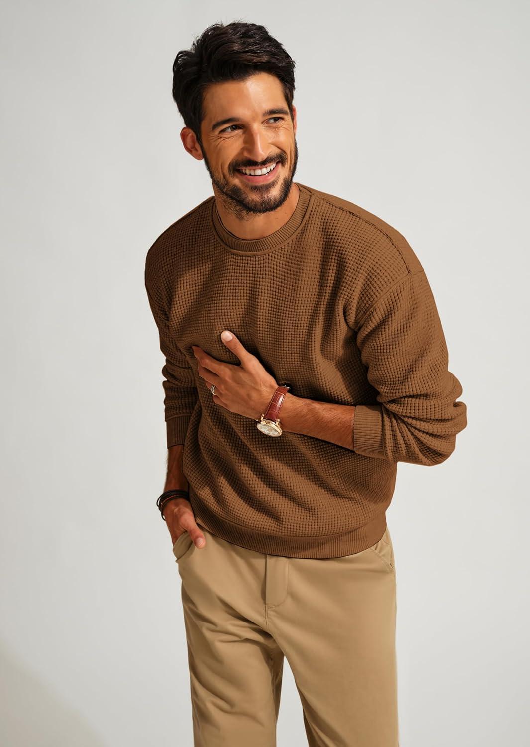 imagePJ PAUL JONES Mens Sweater Crewneck Knit Sweaters Casual Waffle Pullover Sweater for MenBrown