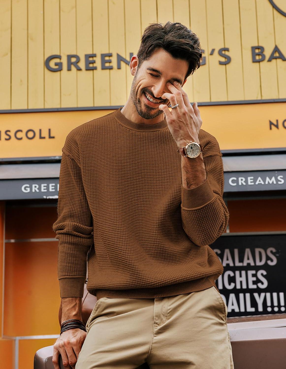 imagePJ PAUL JONES Mens Sweater Crewneck Knit Sweaters Casual Waffle Pullover Sweater for MenBrown