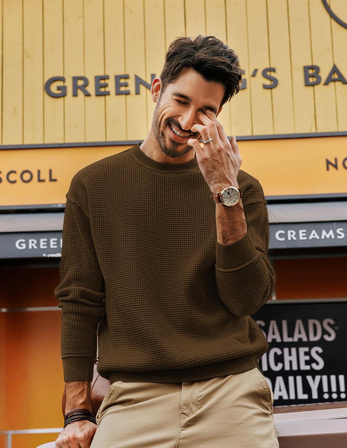 imagePJ PAUL JONES Mens Sweater Crewneck Knit Sweaters Casual Waffle Pullover Sweater for MenCoffee