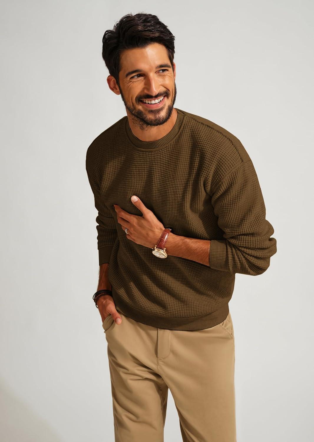 imagePJ PAUL JONES Mens Sweater Crewneck Knit Sweaters Casual Waffle Pullover Sweater for MenCoffee