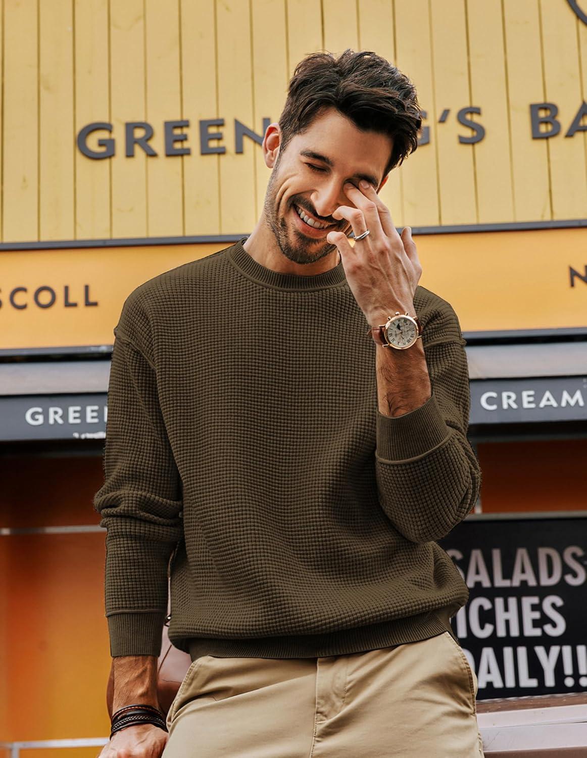 imagePJ PAUL JONES Mens Sweater Crewneck Knit Sweaters Casual Waffle Pullover Sweater for MenDark Brown