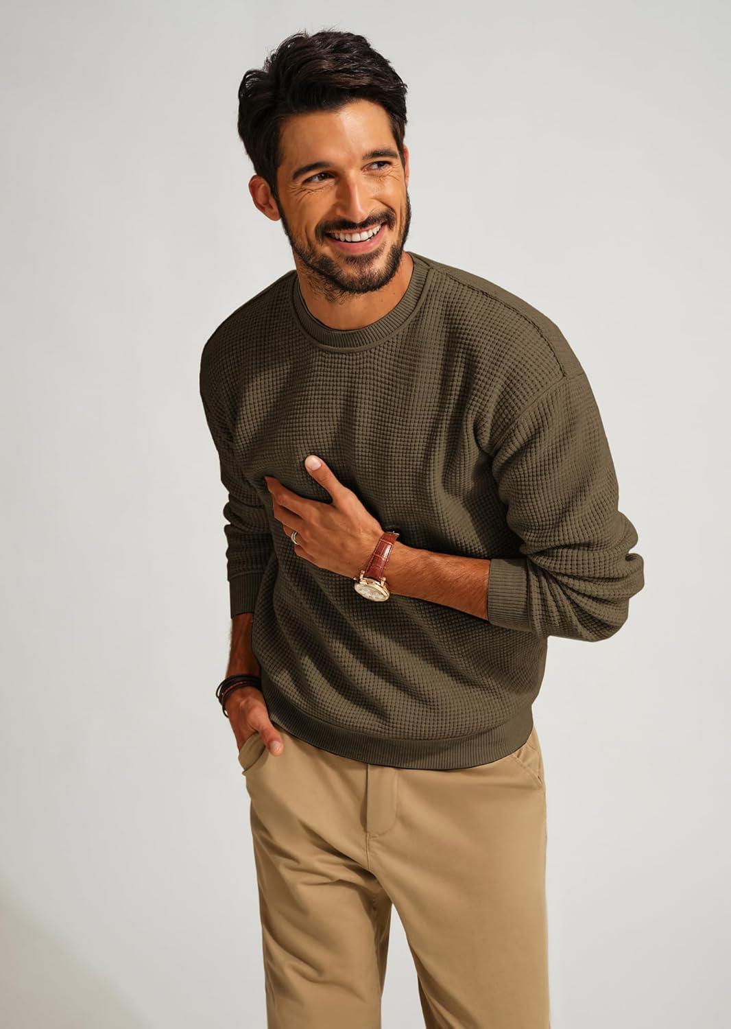 imagePJ PAUL JONES Mens Sweater Crewneck Knit Sweaters Casual Waffle Pullover Sweater for MenDark Brown