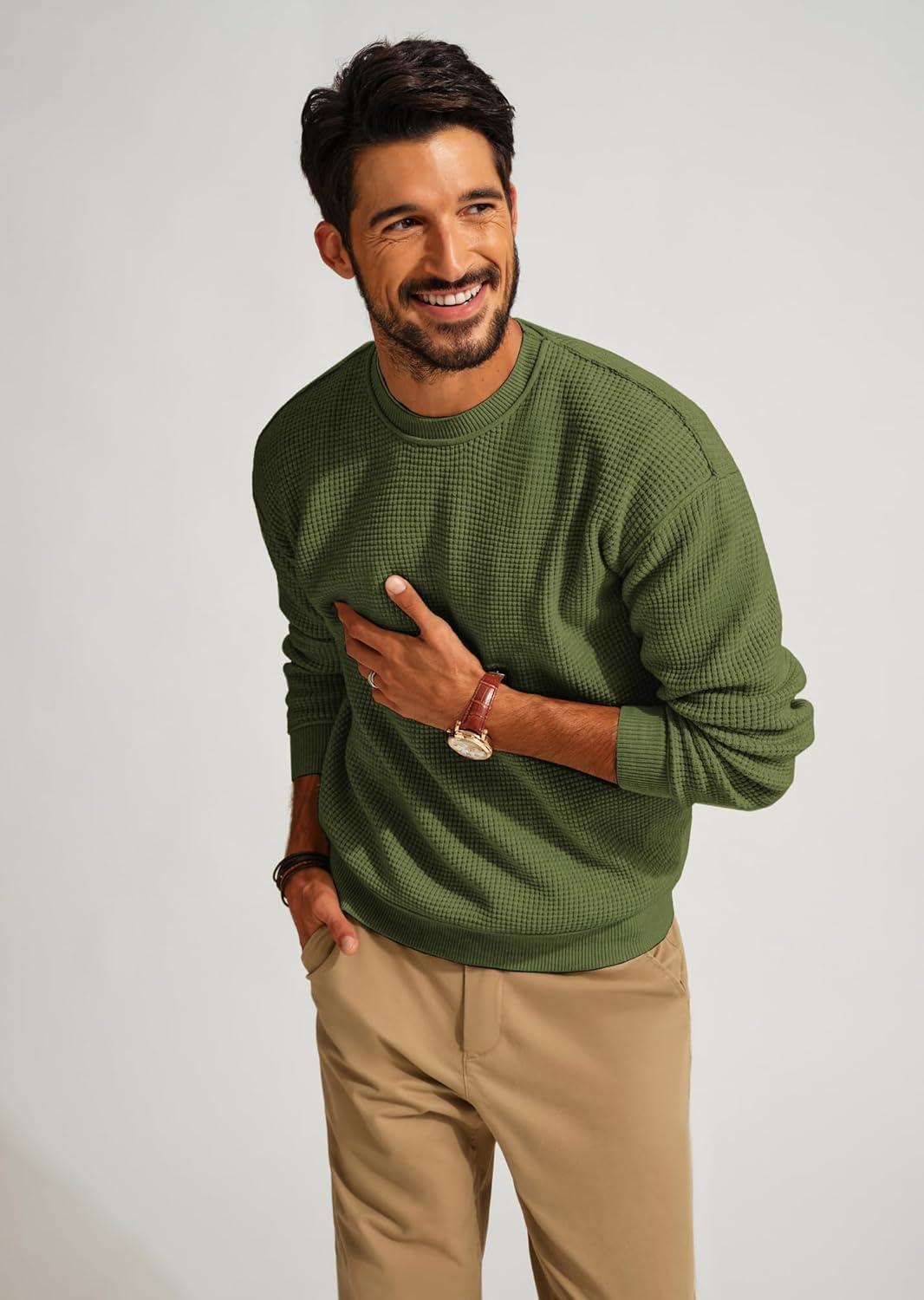 imagePJ PAUL JONES Mens Sweater Crewneck Knit Sweaters Casual Waffle Pullover Sweater for MenGreen