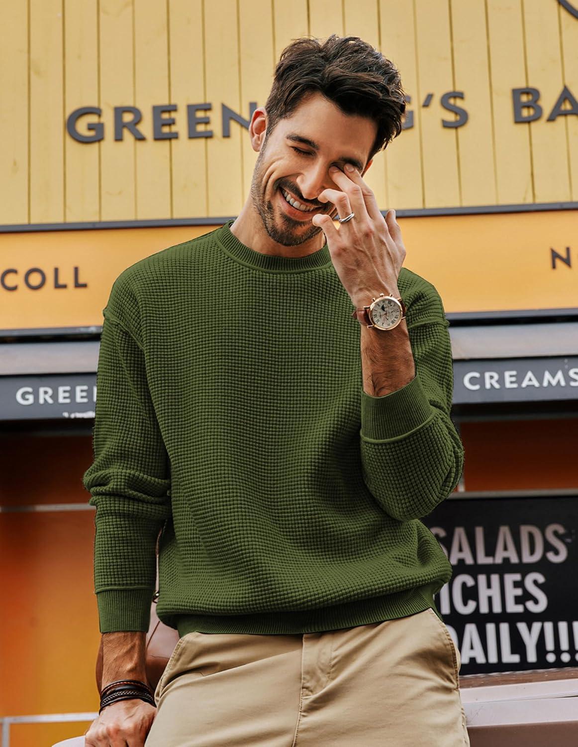 imagePJ PAUL JONES Mens Sweater Crewneck Knit Sweaters Casual Waffle Pullover Sweater for MenGreen