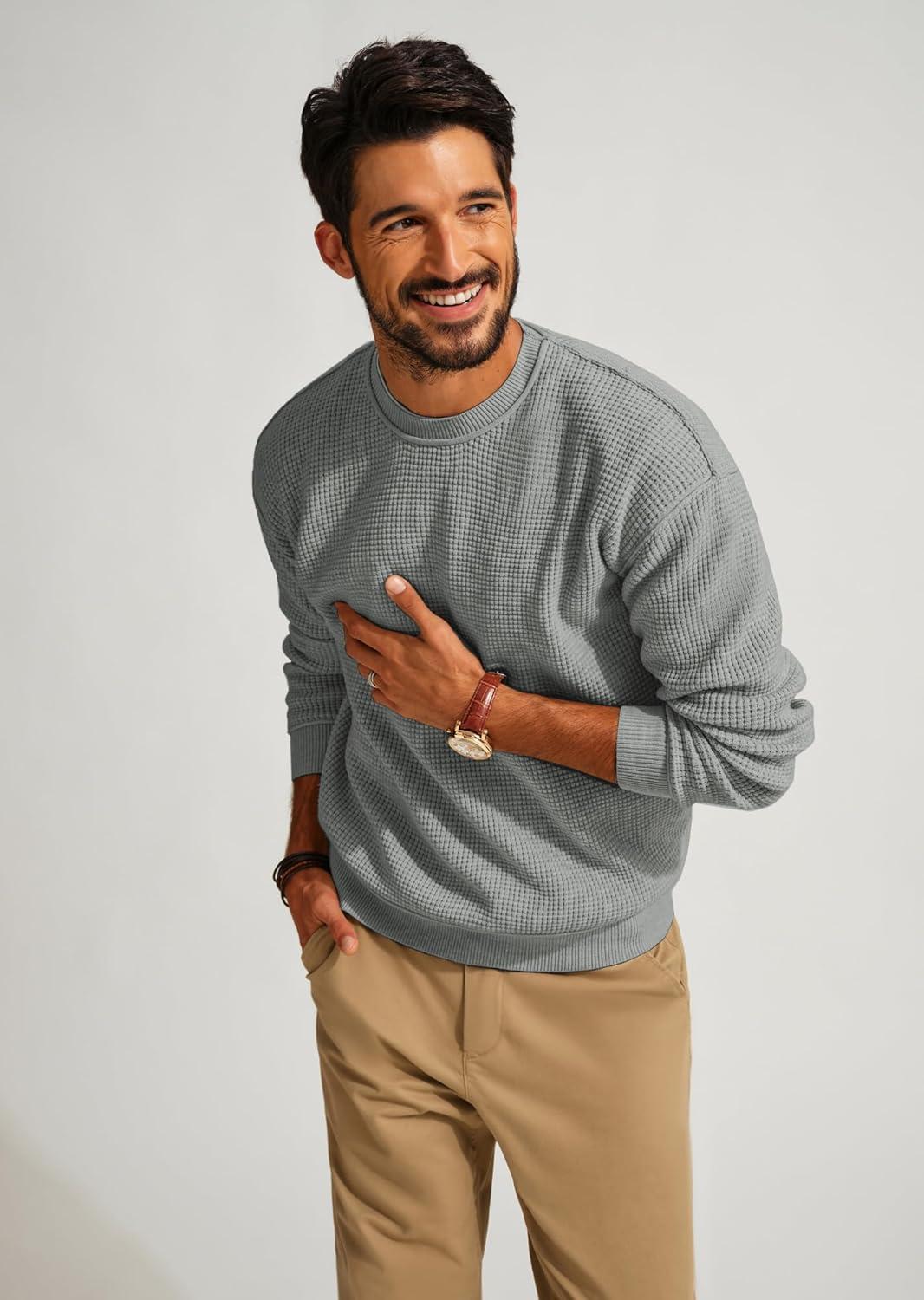 imagePJ PAUL JONES Mens Sweater Crewneck Knit Sweaters Casual Waffle Pullover Sweater for MenLight Gray