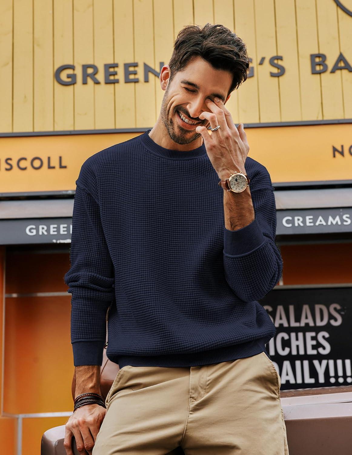 imagePJ PAUL JONES Mens Sweater Crewneck Knit Sweaters Casual Waffle Pullover Sweater for MenNavy Blue