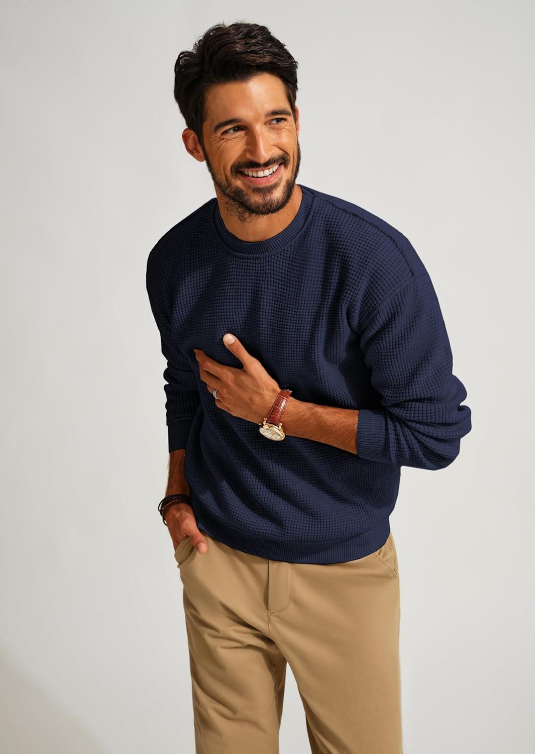 imagePJ PAUL JONES Mens Sweater Crewneck Knit Sweaters Casual Waffle Pullover Sweater for MenNavy Blue