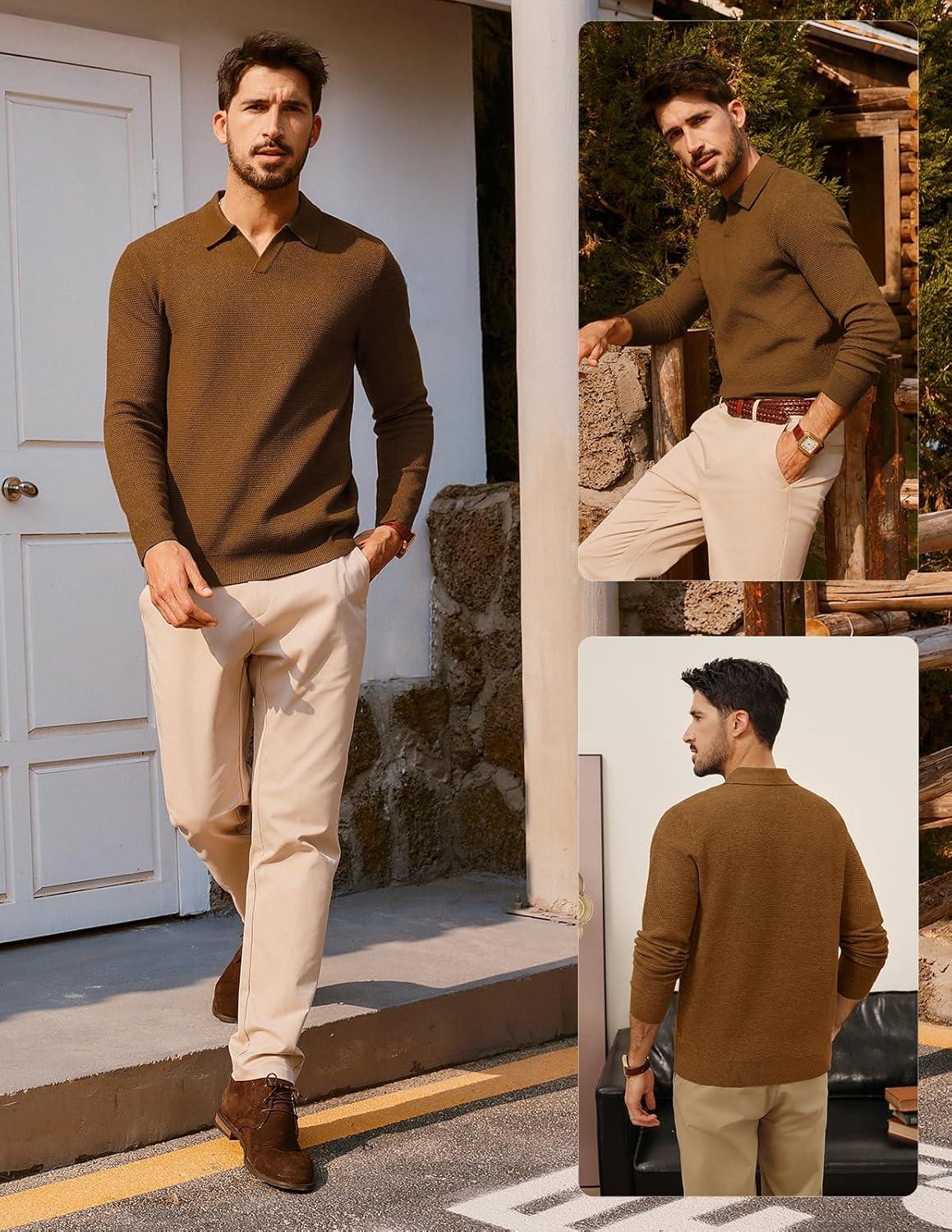 imagePJ PAUL JONES Mens Sweater Long Sleeve V Neck Pullover Sweater Knitted Textured SweaterCoffee