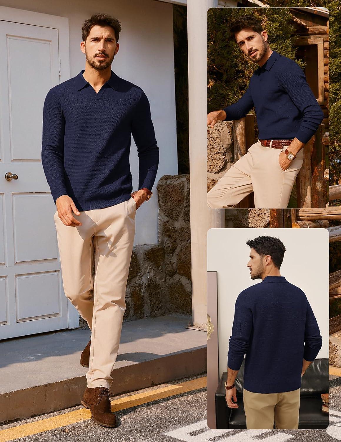 imagePJ PAUL JONES Mens Sweater Long Sleeve V Neck Pullover Sweater Knitted Textured SweaterNavy Blue