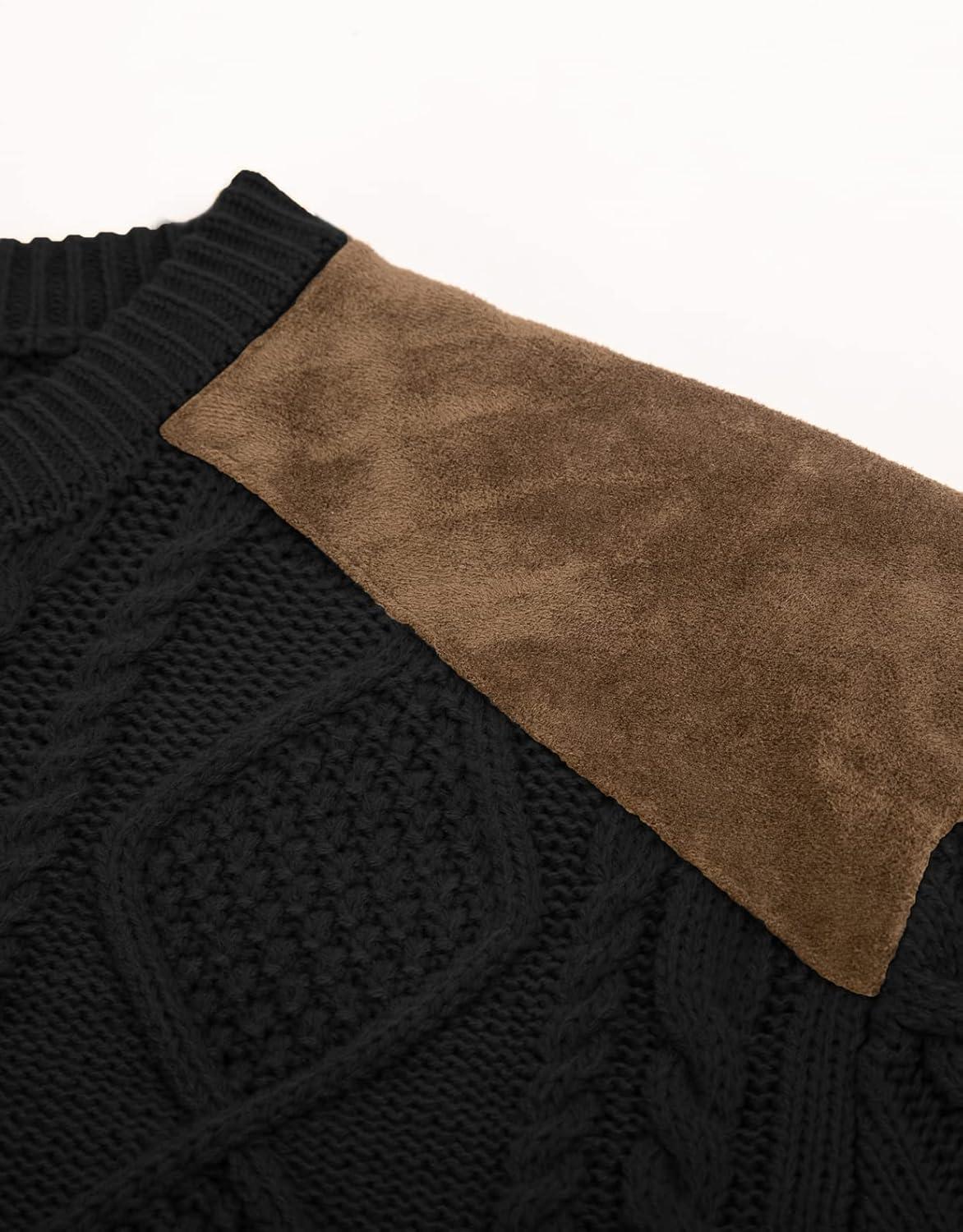 imagePJ PAUL JONES Mens Sweater Military Cable Knit Crewneck Vintage Long Sleeve Pulllover Sweaters with Suede PatchworkBlack