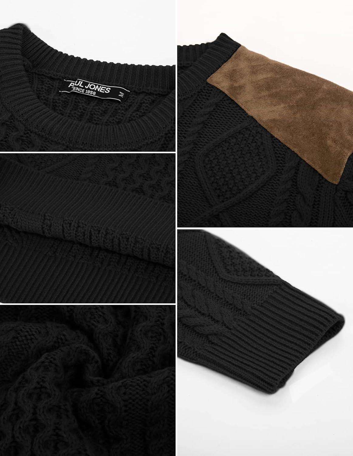 imagePJ PAUL JONES Mens Sweater Military Cable Knit Crewneck Vintage Long Sleeve Pulllover Sweaters with Suede PatchworkBlack