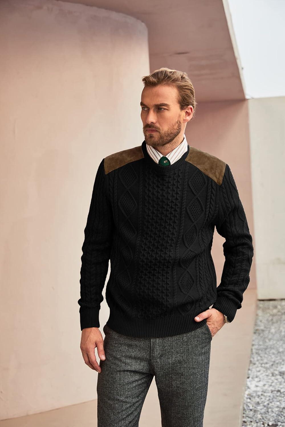 imagePJ PAUL JONES Mens Sweater Military Cable Knit Crewneck Vintage Long Sleeve Pulllover Sweaters with Suede PatchworkBlack