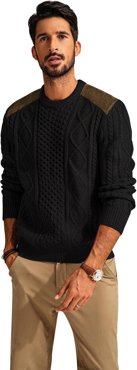 imagePJ PAUL JONES Mens Sweater Military Cable Knit Crewneck Vintage Long Sleeve Pulllover Sweaters with Suede PatchworkBlack