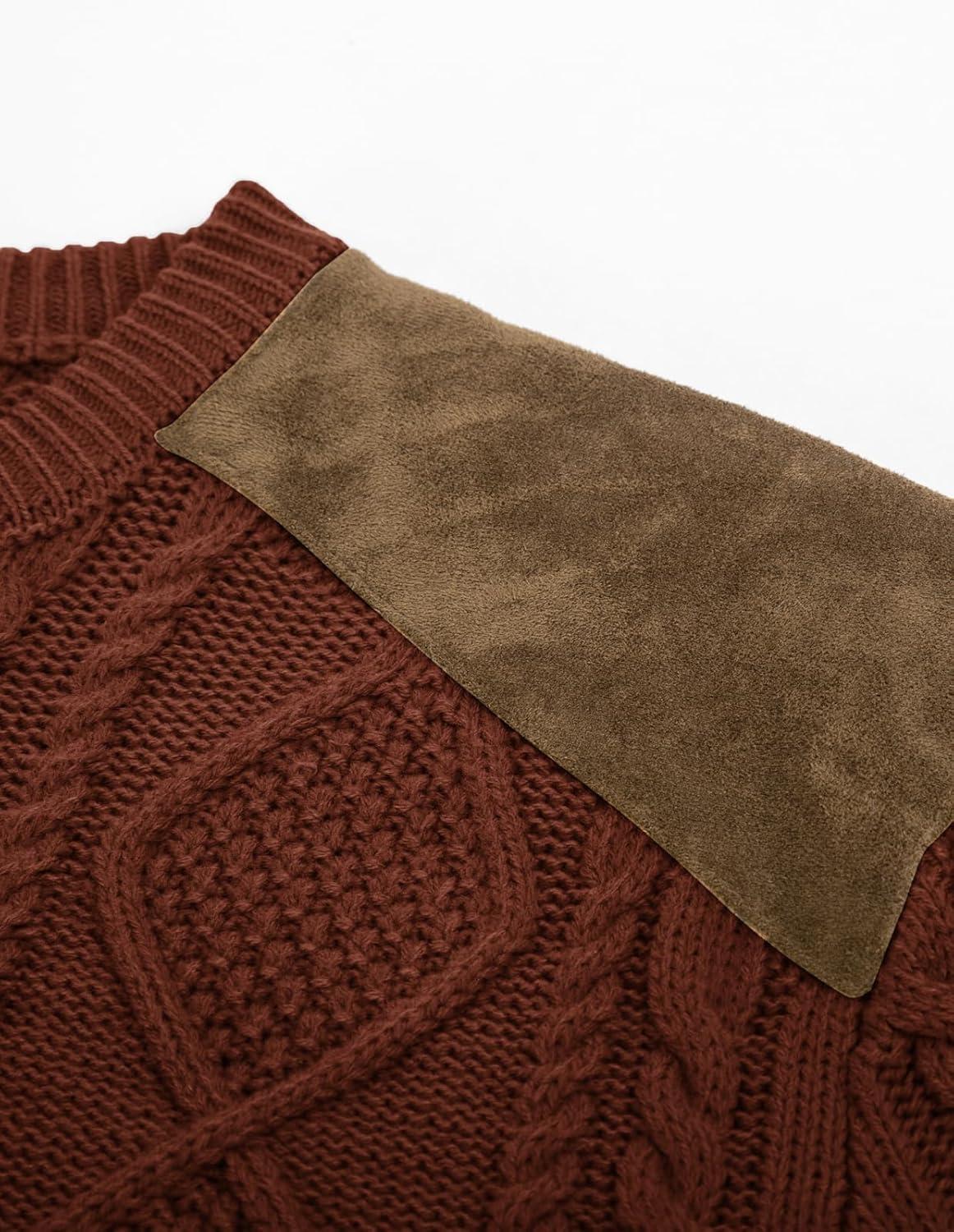 imagePJ PAUL JONES Mens Sweater Military Cable Knit Crewneck Vintage Long Sleeve Pulllover Sweaters with Suede PatchworkBrown