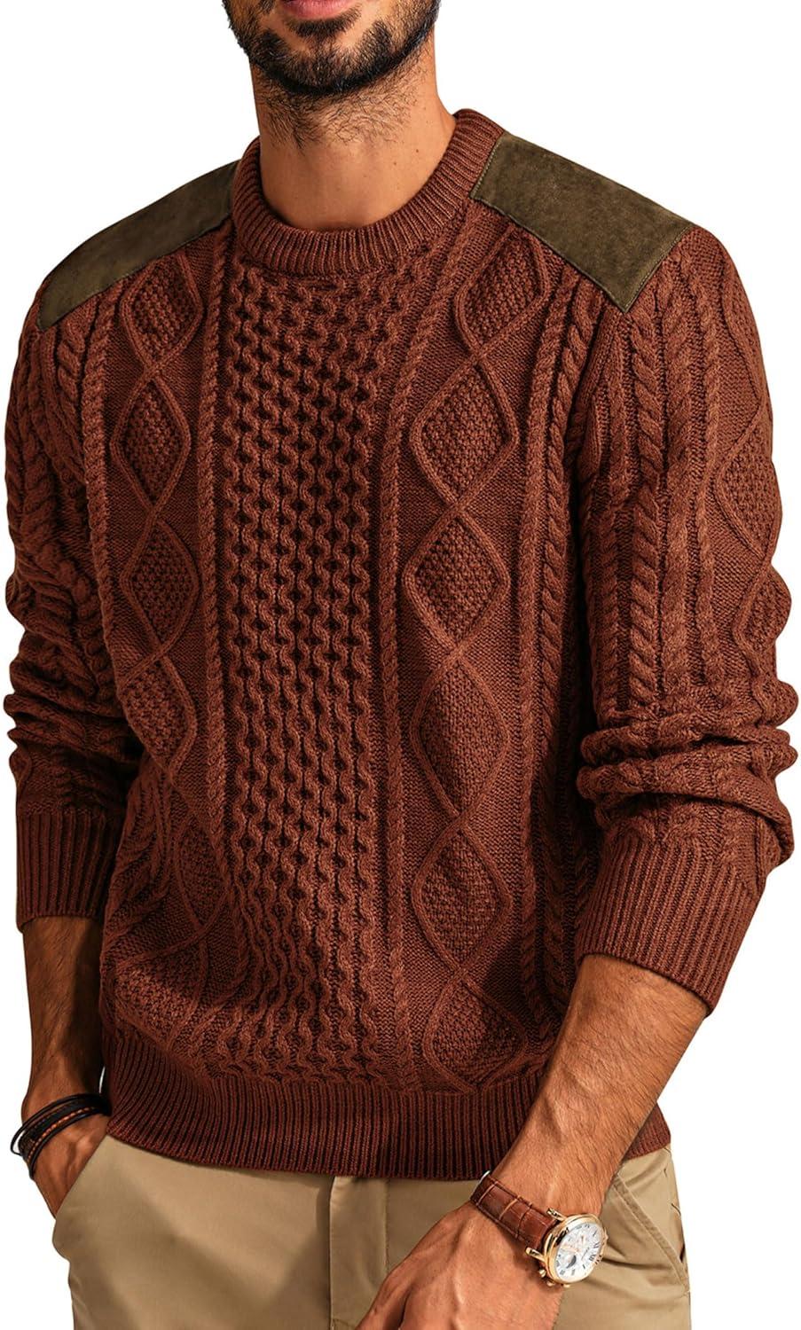 imagePJ PAUL JONES Mens Sweater Military Cable Knit Crewneck Vintage Long Sleeve Pulllover Sweaters with Suede PatchworkBrown
