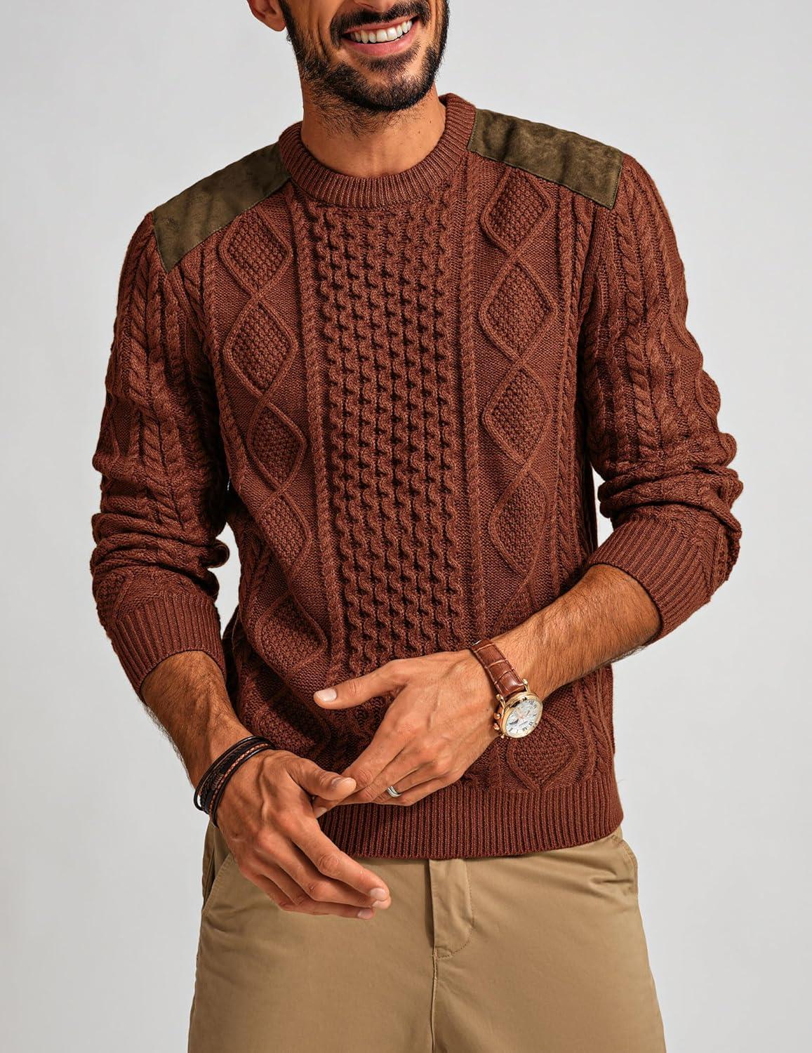 imagePJ PAUL JONES Mens Sweater Military Cable Knit Crewneck Vintage Long Sleeve Pulllover Sweaters with Suede PatchworkBrown