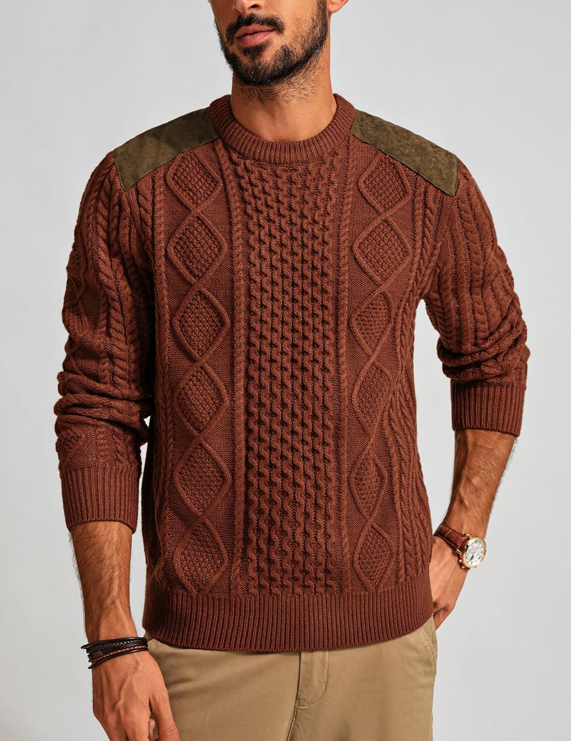 imagePJ PAUL JONES Mens Sweater Military Cable Knit Crewneck Vintage Long Sleeve Pulllover Sweaters with Suede PatchworkBrown