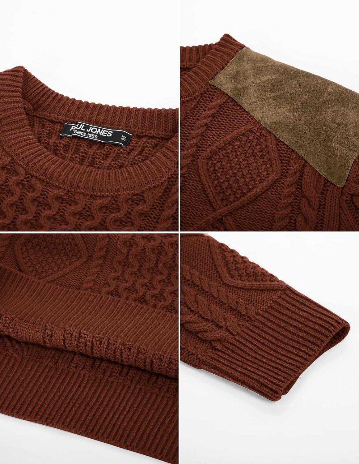 imagePJ PAUL JONES Mens Sweater Military Cable Knit Crewneck Vintage Long Sleeve Pulllover Sweaters with Suede PatchworkBrown