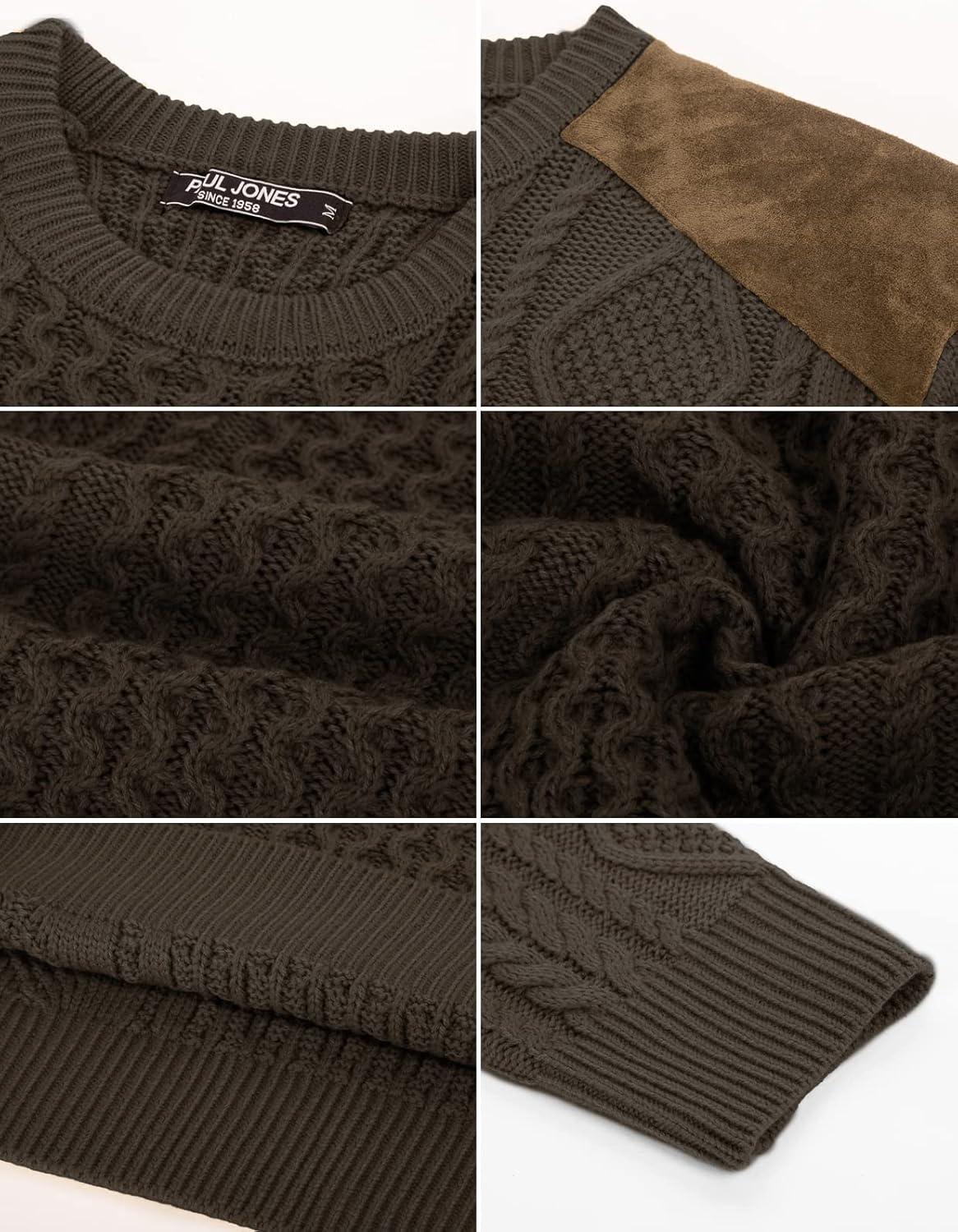imagePJ PAUL JONES Mens Sweater Military Cable Knit Crewneck Vintage Long Sleeve Pulllover Sweaters with Suede PatchworkCoffee