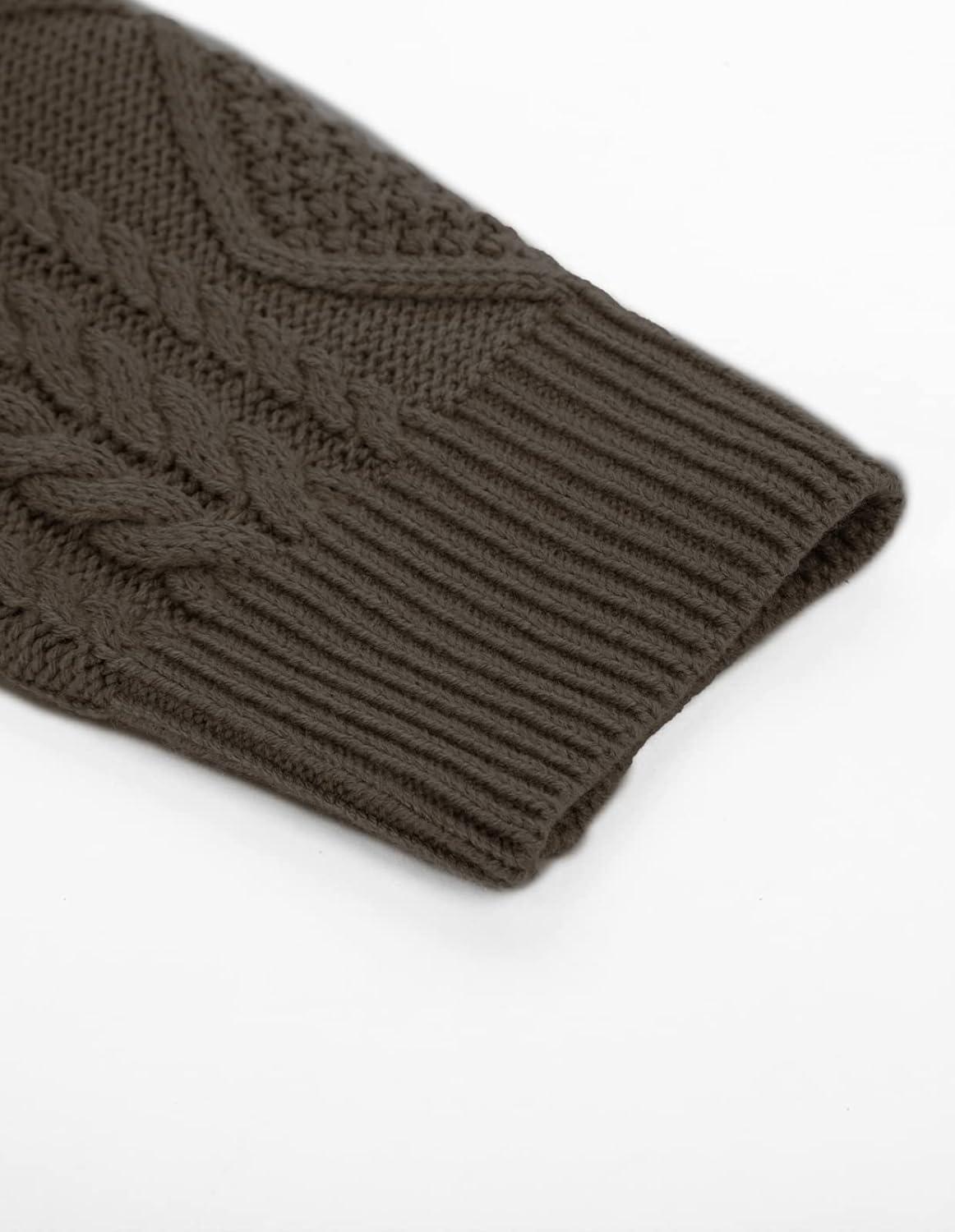 imagePJ PAUL JONES Mens Sweater Military Cable Knit Crewneck Vintage Long Sleeve Pulllover Sweaters with Suede PatchworkCoffee