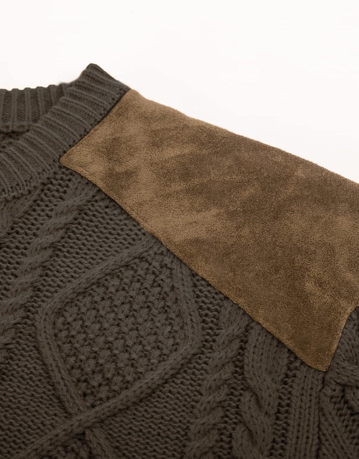 imagePJ PAUL JONES Mens Sweater Military Cable Knit Crewneck Vintage Long Sleeve Pulllover Sweaters with Suede PatchworkCoffee