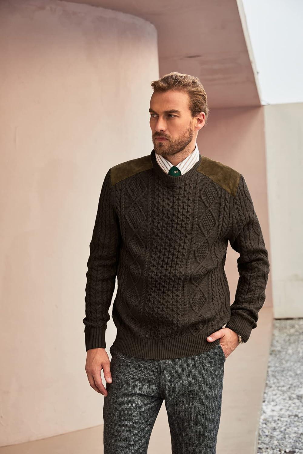 imagePJ PAUL JONES Mens Sweater Military Cable Knit Crewneck Vintage Long Sleeve Pulllover Sweaters with Suede PatchworkCoffee