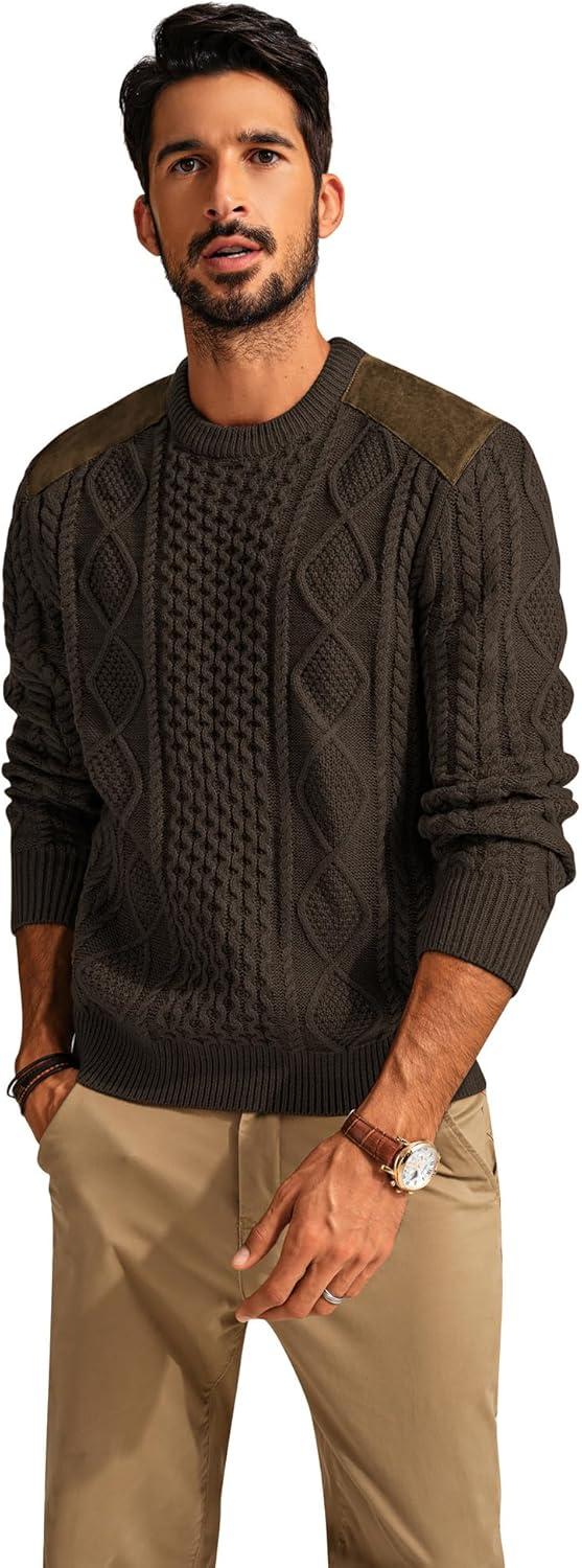imagePJ PAUL JONES Mens Sweater Military Cable Knit Crewneck Vintage Long Sleeve Pulllover Sweaters with Suede PatchworkCoffee