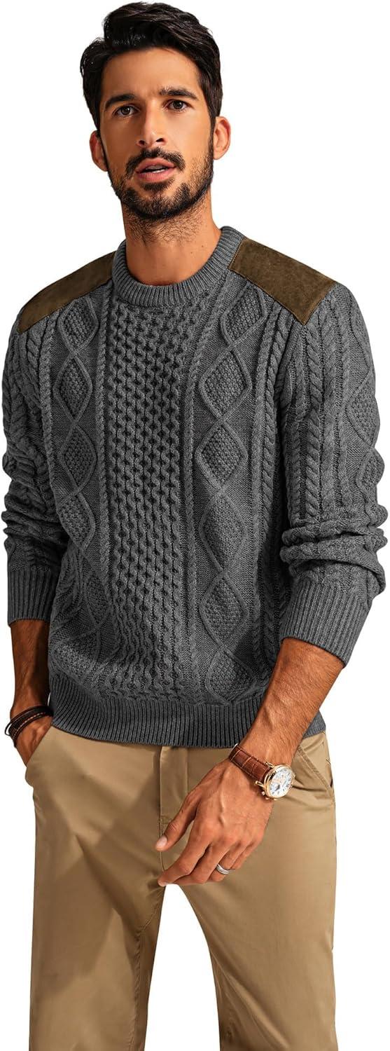 imagePJ PAUL JONES Mens Sweater Military Cable Knit Crewneck Vintage Long Sleeve Pulllover Sweaters with Suede PatchworkDark Grey