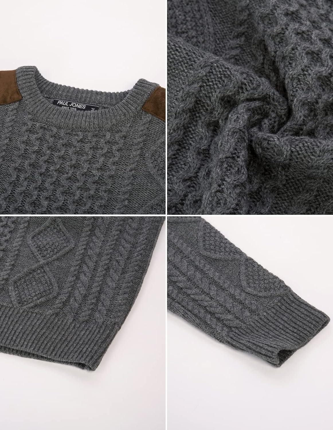 imagePJ PAUL JONES Mens Sweater Military Cable Knit Crewneck Vintage Long Sleeve Pulllover Sweaters with Suede PatchworkDark Grey