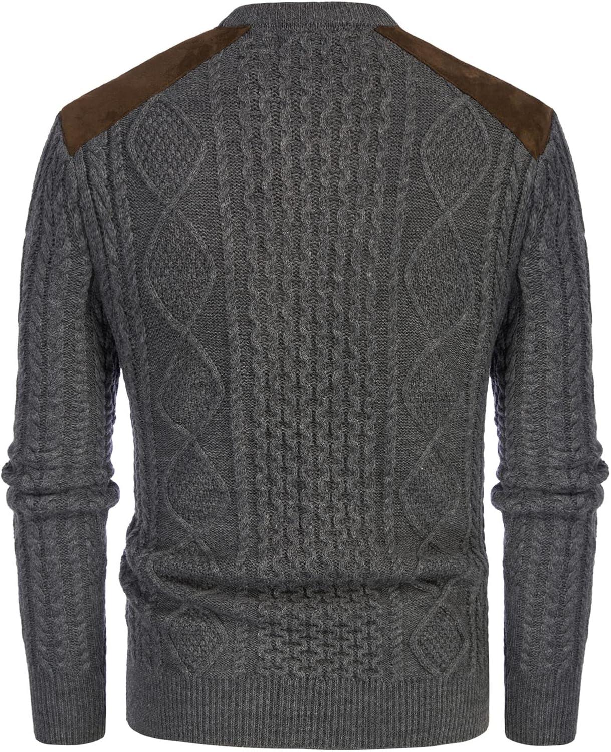 imagePJ PAUL JONES Mens Sweater Military Cable Knit Crewneck Vintage Long Sleeve Pulllover Sweaters with Suede PatchworkDark Grey