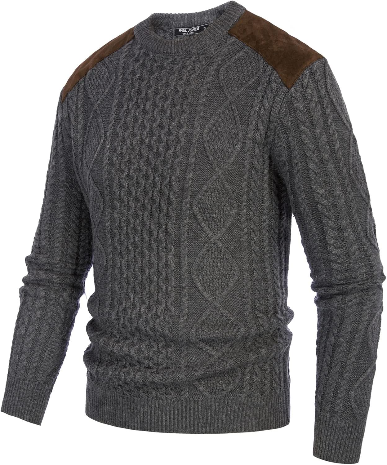 imagePJ PAUL JONES Mens Sweater Military Cable Knit Crewneck Vintage Long Sleeve Pulllover Sweaters with Suede PatchworkDark Grey