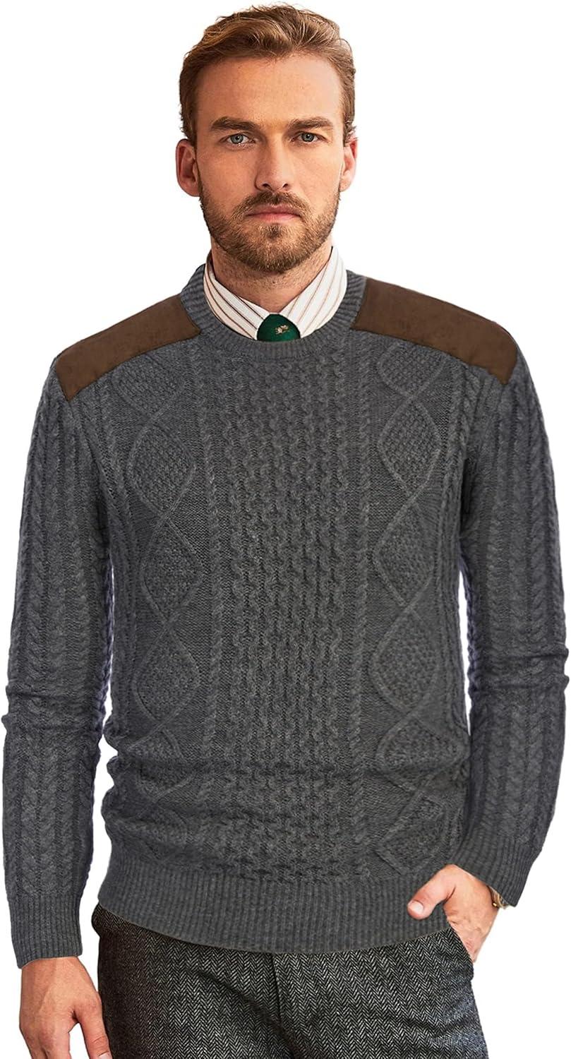 imagePJ PAUL JONES Mens Sweater Military Cable Knit Crewneck Vintage Long Sleeve Pulllover Sweaters with Suede PatchworkDark Grey