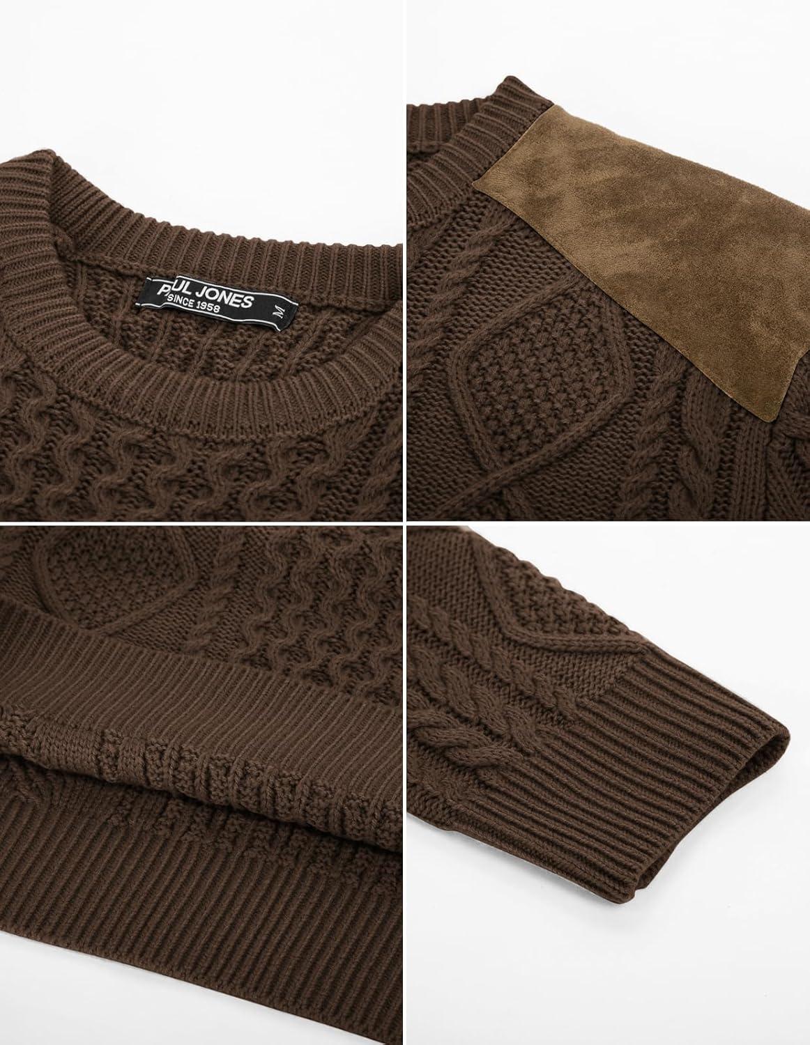 imagePJ PAUL JONES Mens Sweater Military Cable Knit Crewneck Vintage Long Sleeve Pulllover Sweaters with Suede PatchworkKhaki