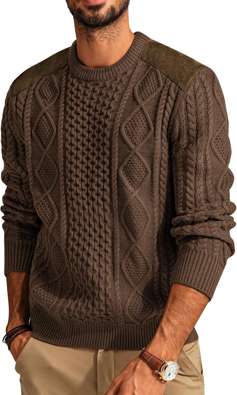imagePJ PAUL JONES Mens Sweater Military Cable Knit Crewneck Vintage Long Sleeve Pulllover Sweaters with Suede PatchworkKhaki