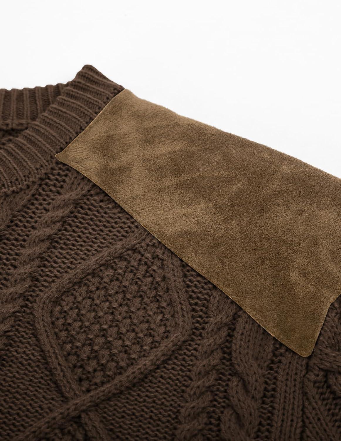 imagePJ PAUL JONES Mens Sweater Military Cable Knit Crewneck Vintage Long Sleeve Pulllover Sweaters with Suede PatchworkKhaki