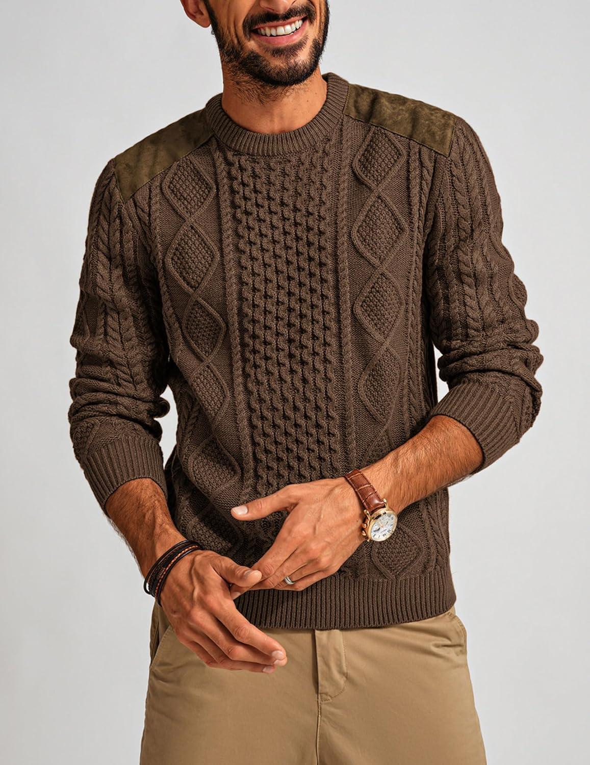 imagePJ PAUL JONES Mens Sweater Military Cable Knit Crewneck Vintage Long Sleeve Pulllover Sweaters with Suede PatchworkKhaki