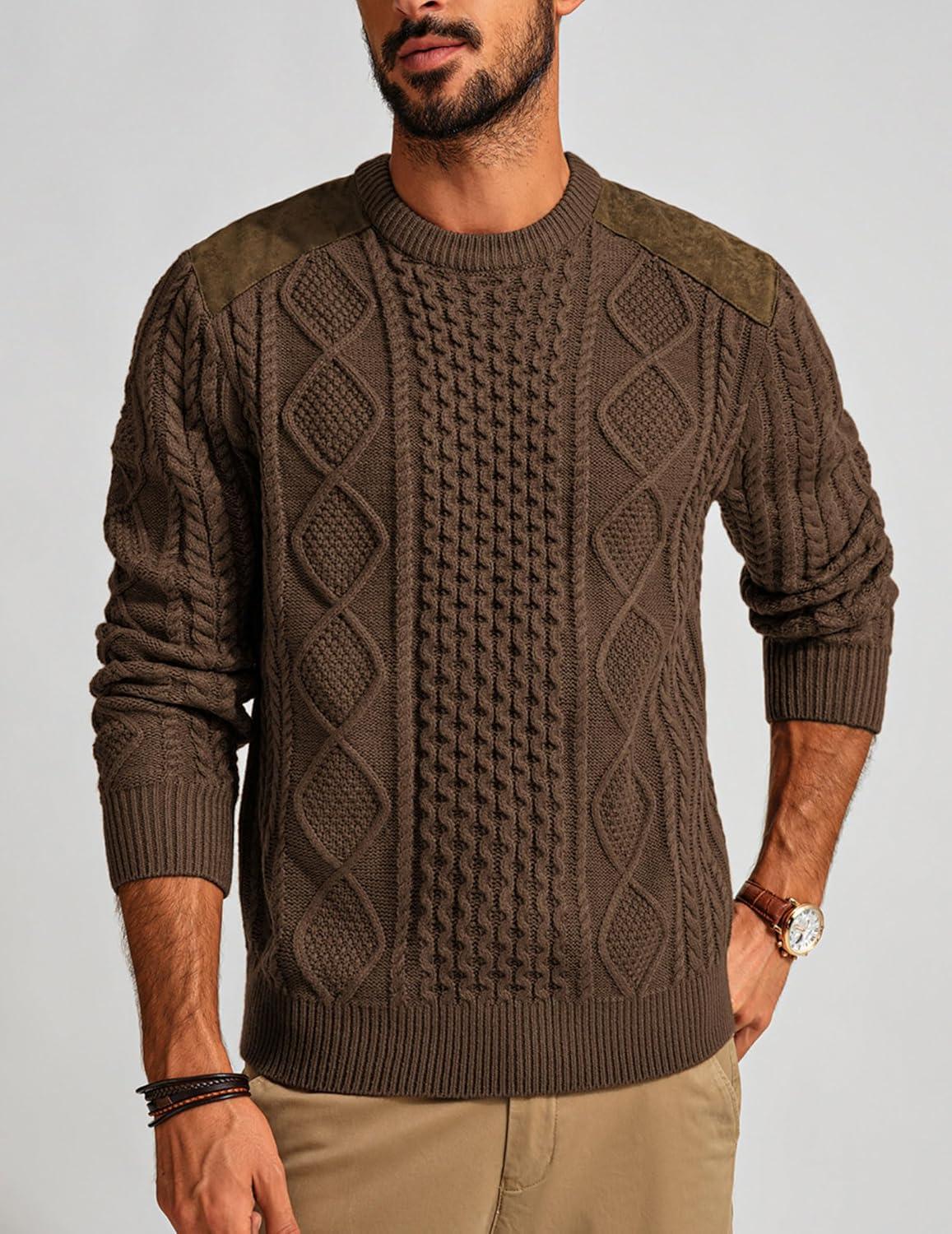 imagePJ PAUL JONES Mens Sweater Military Cable Knit Crewneck Vintage Long Sleeve Pulllover Sweaters with Suede PatchworkKhaki