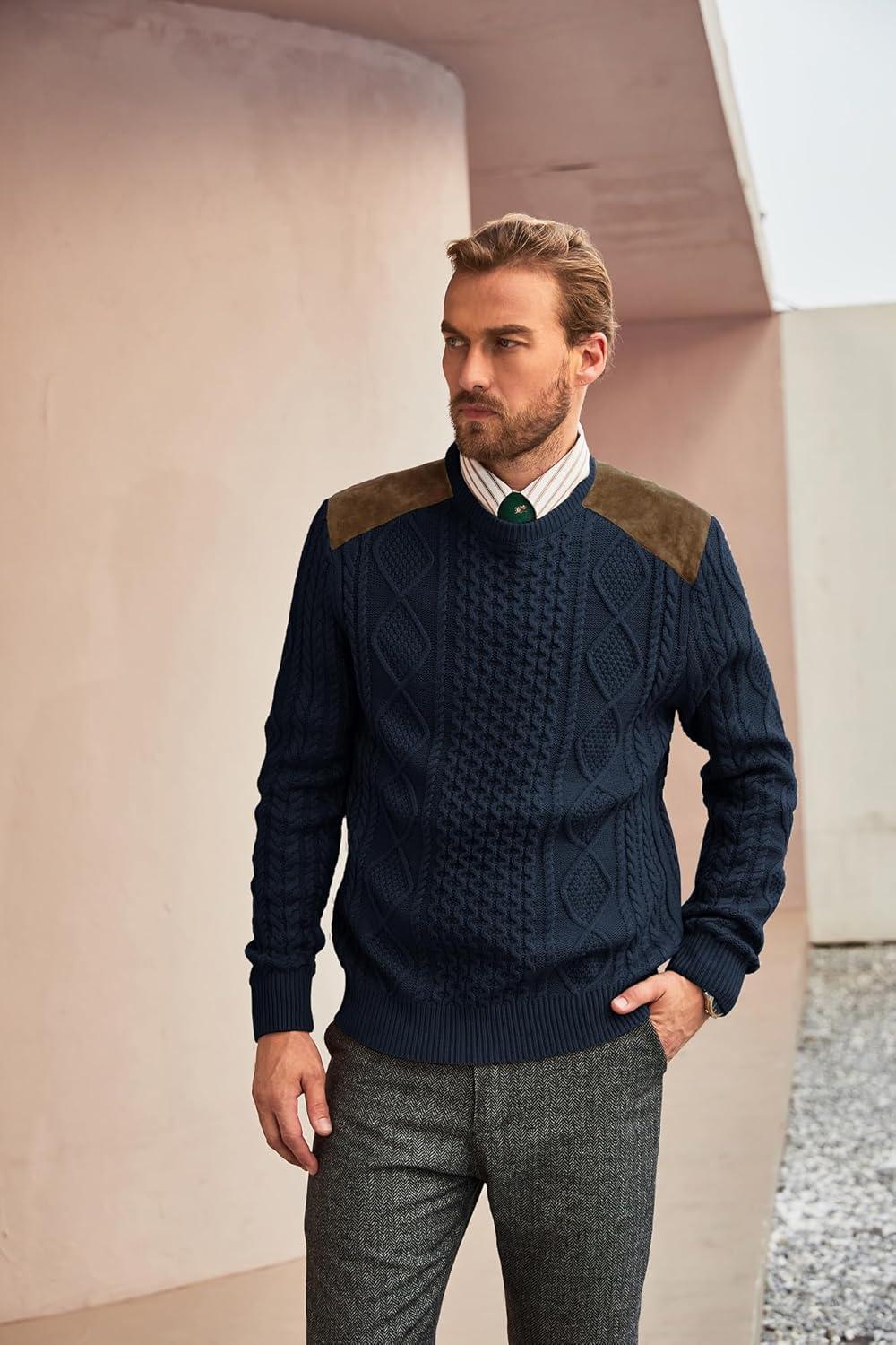 imagePJ PAUL JONES Mens Sweater Military Cable Knit Crewneck Vintage Long Sleeve Pulllover Sweaters with Suede PatchworkNavy Blue