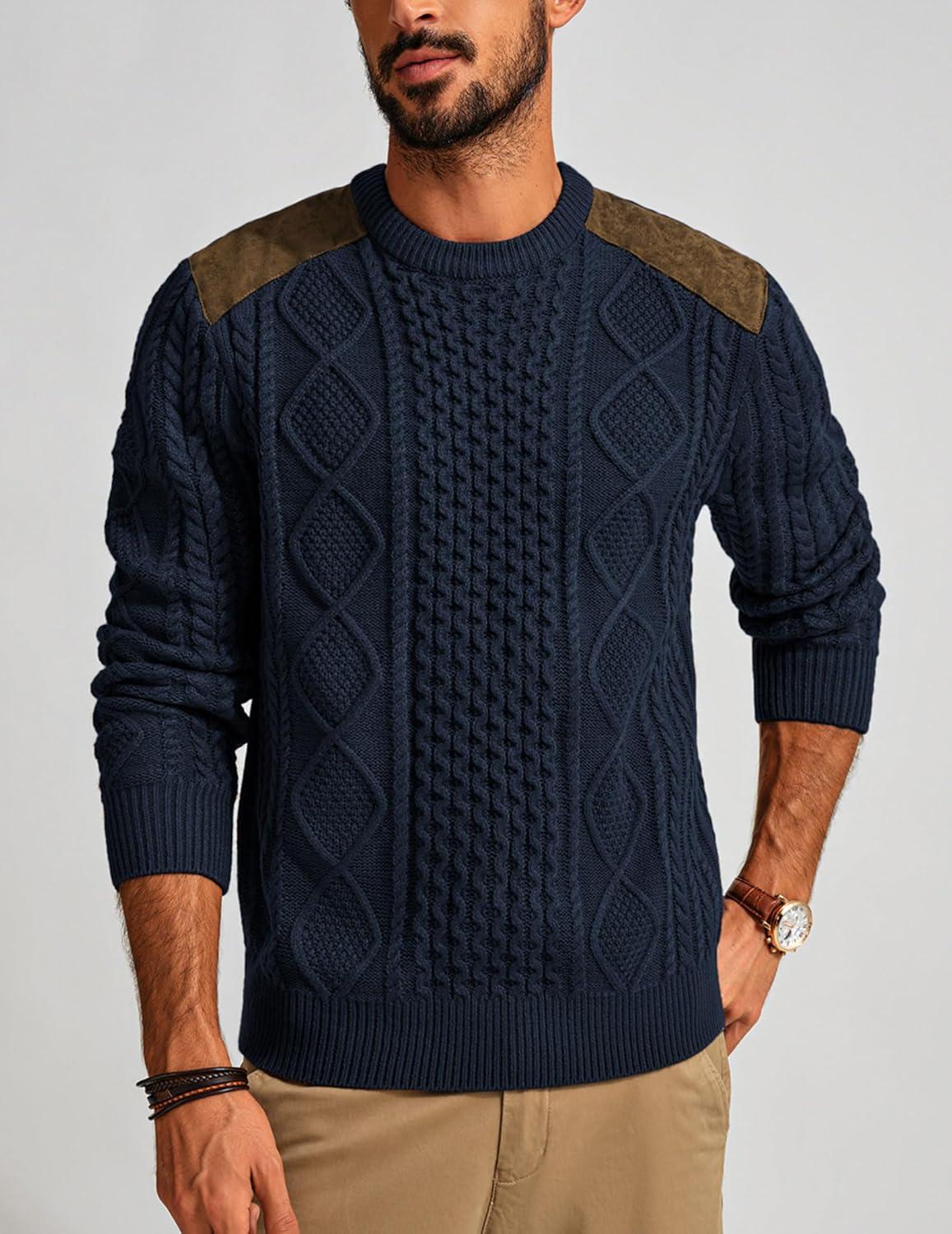 imagePJ PAUL JONES Mens Sweater Military Cable Knit Crewneck Vintage Long Sleeve Pulllover Sweaters with Suede PatchworkNavy Blue