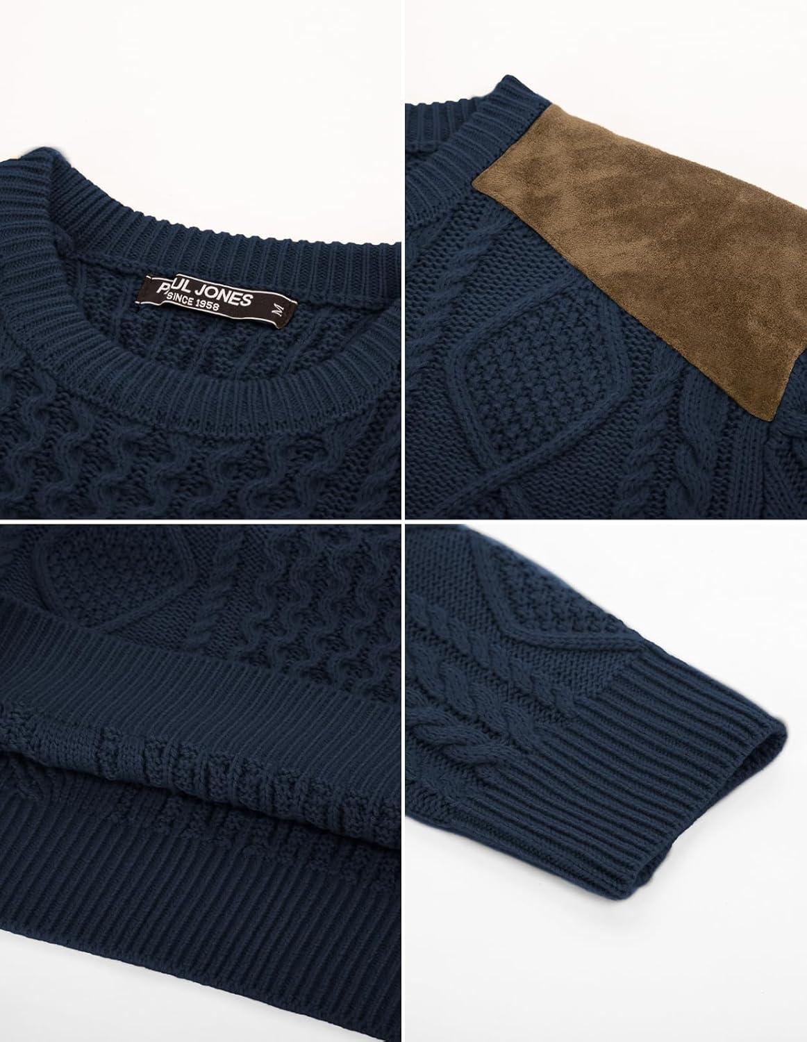 imagePJ PAUL JONES Mens Sweater Military Cable Knit Crewneck Vintage Long Sleeve Pulllover Sweaters with Suede PatchworkNavy Blue
