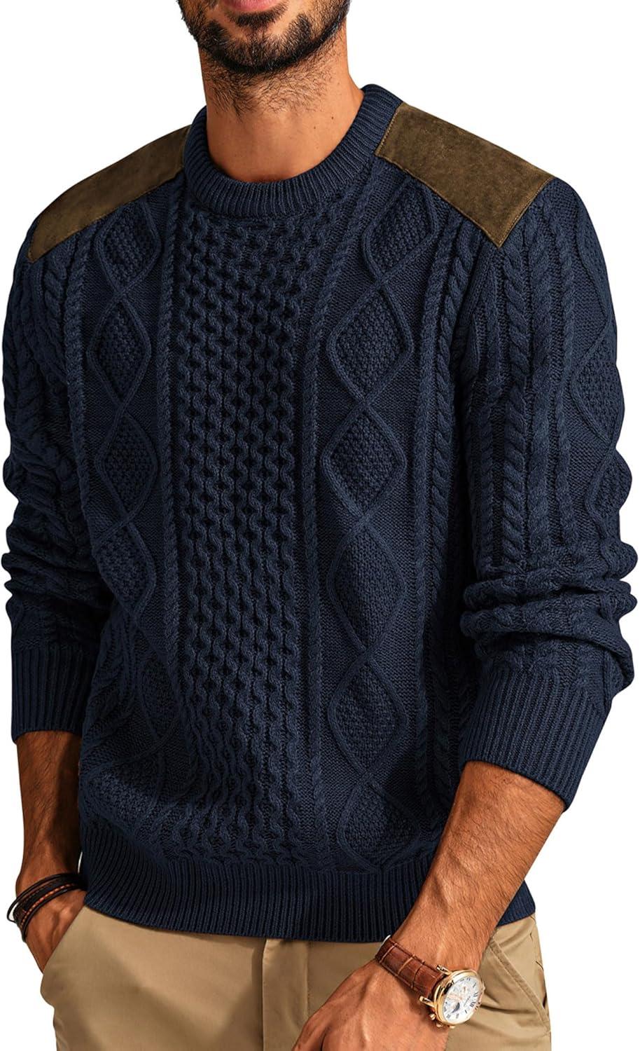 imagePJ PAUL JONES Mens Sweater Military Cable Knit Crewneck Vintage Long Sleeve Pulllover Sweaters with Suede PatchworkNavy Blue