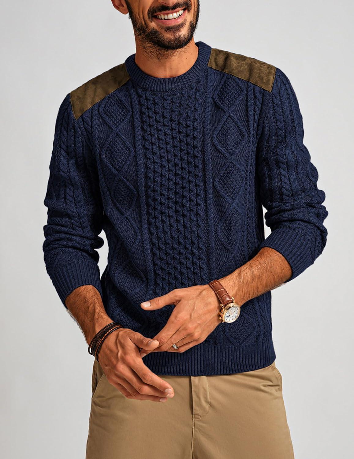 imagePJ PAUL JONES Mens Sweater Military Cable Knit Crewneck Vintage Long Sleeve Pulllover Sweaters with Suede PatchworkNavy Blue B