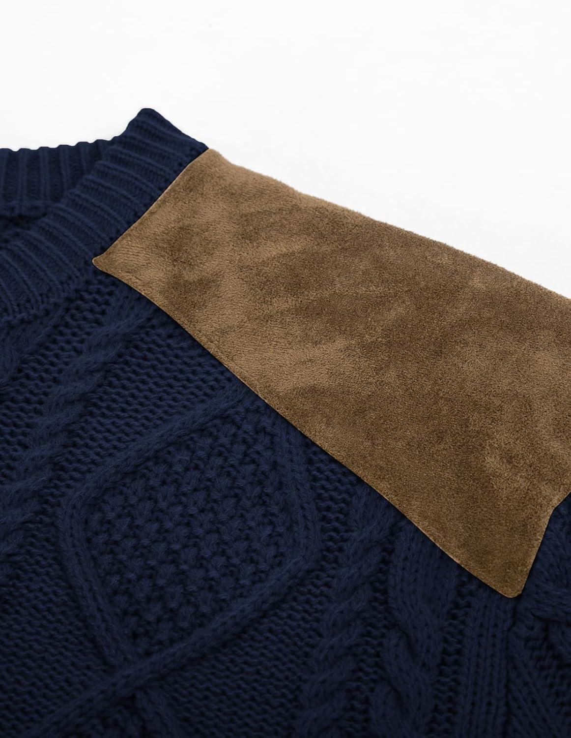 imagePJ PAUL JONES Mens Sweater Military Cable Knit Crewneck Vintage Long Sleeve Pulllover Sweaters with Suede PatchworkNavy Blue B