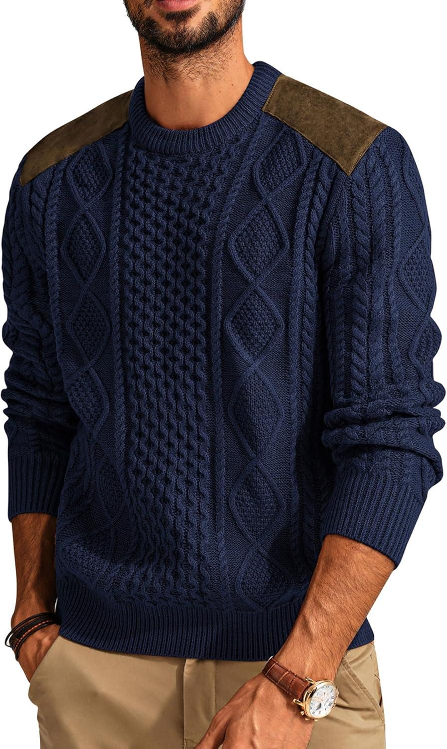 imagePJ PAUL JONES Mens Sweater Military Cable Knit Crewneck Vintage Long Sleeve Pulllover Sweaters with Suede PatchworkNavy Blue B