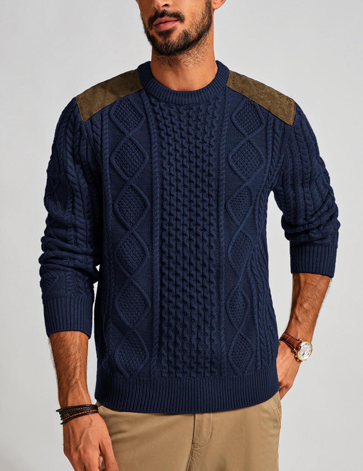 imagePJ PAUL JONES Mens Sweater Military Cable Knit Crewneck Vintage Long Sleeve Pulllover Sweaters with Suede PatchworkNavy Blue B