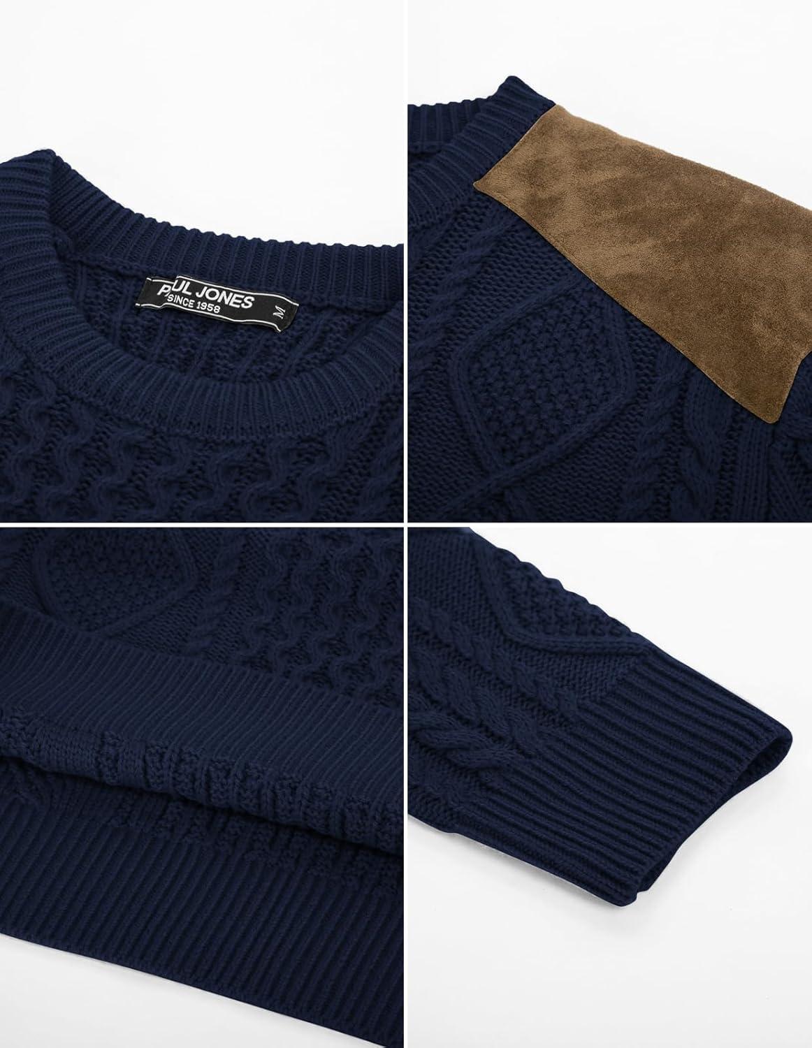 imagePJ PAUL JONES Mens Sweater Military Cable Knit Crewneck Vintage Long Sleeve Pulllover Sweaters with Suede PatchworkNavy Blue B