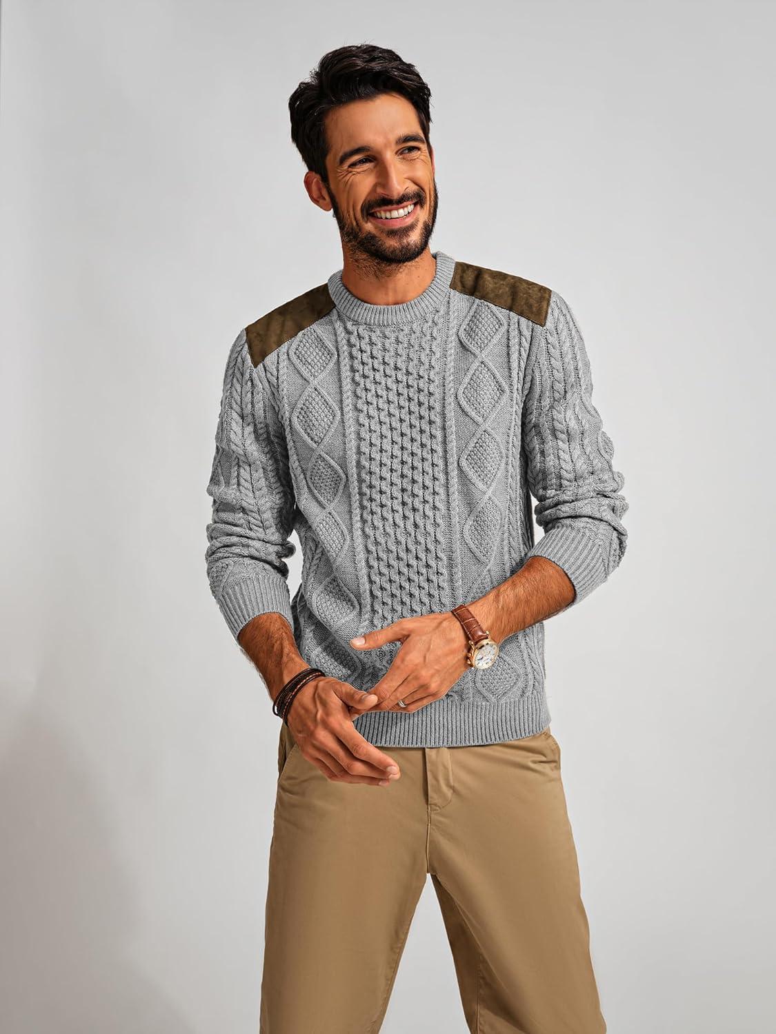 imagePJ PAUL JONES Mens Sweater Military Cable Knit Crewneck Vintage Long Sleeve Pulllover Sweaters with Suede PatchworkSilver Grey